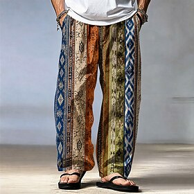 Men's Geometric Patchwork Bohemian Trousers Pants Trousers Baggy Pants Mid Waist Ethnic Vintage Retro Casual Home Outdoor Drawstring Elastic Waist Wide Leg Sum