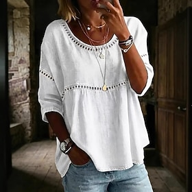 Women's Blouse Solid Color Elegant Bohemia 3/4 Length Sleeve Square Neck Regular Tops Outdoor Blue White Pink Green khaki Summer Spring