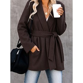 Women's Peacoat Warm Tie Front Outdoor Plain Casual Daily Outdoor Short V Neck Long Sleeve Outerwear Brown Fall Winter