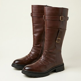 Men's Knee High Motorcycle Boots with Multiple Buckle Straps and Side Zipper, Rugged Vintage Biker Boots for Mature Men, Riding and Casual Wear