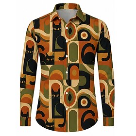 Retro Vintage Hippie 1970s Shirt Plus Size Long Sleeves Hippie Button Down Geometric Cat Point Fancy Dress Men's Halloween Masquerade Party Performance Daily W