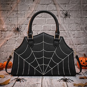 Schwarze/kaffeebraune Damenhandtasche aus Kunstleder mit Spinnennetzmuster, verstellbarem Schulterriemen und Henkel, ideal für Halloween-Partys, Gothic-Outfits