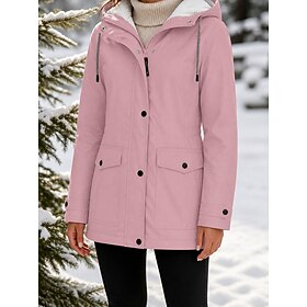 Women's Rain Jacket Raincoat Hiking Fleece Jacket Winter Outdoor Warm Waterproof Windproof Fleece Hooded Parka Outerwear Windbreaker Trench Coat Top Full Zip S