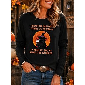 Halloween Mardi Gras Women's T Shirt Print Graphic Cat Witch Vintage Fashion Modern Long Sleeve Crew Neck Regular Tops Casual Daily Black Spring Fall Winter
