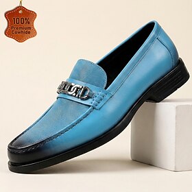 Men's Premium Genuine Leather Chain Loafers, Sky Blue Burnished-Toe Luxury Slip-On Dress Shoes for Gentlemen, Weddings, Parties and Smart Casual Wear