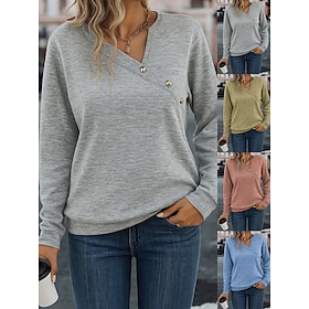 Women's Popover Shirt Blouse Buttons Plain Fashion Daily Classic Long Sleeve Asymmetrical V Neck Regular Tops Casual Outdoor Streetwear Blue Pink Green Grey Fa