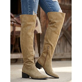 Women's Tan Over the Knee High Boots Side Zip Riding Boots with Suede-Look Finish, Chunky Block Heel and Round Toe for Women, Work, Shopping Daily Wear