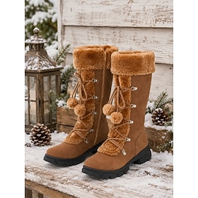 Women's Dark Brow Faux-Fur Mid Calf Winter Boots, Tall Boots with Pom-Pom Ties, Side Zip and Chunky Lug Sole, Cozy Cold-Weather Boots for Snow, Countryside Wal