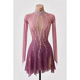 Figure Skating Dress Women's Ice Skating Dress Pink Patchwork Thumbhole Stretchy Training Competition Skating Wear Classic Crystal / Rhinestone Long Sleeve Ice