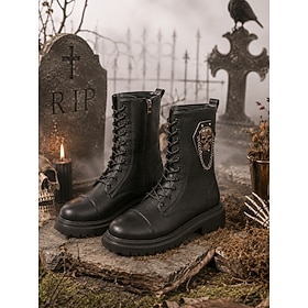 Women's Black Halloween Combat Boots with Skull Charm Detail, Lace Up Gothic Ankle Boots, Vintage Punk Style Chunky Sole Boots for Halloween Costume, Cosplay,