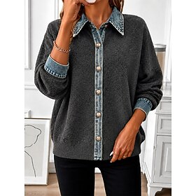 Women's Sweater Fashion Streetwear Daily Turndown Patchwork Buttons Knitted Long Sleeve Regular Tops Knit Light Grey Dark Blue Fall
