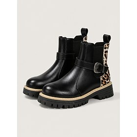 Women's Black Chelsea Ankle Boots with Buckle Strap Detail, Chunky Lug Sole and Leopard Print Accent, Vintage Street Style Short Boots for Fall Outfits, Casual