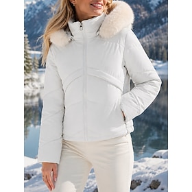 Women's Cropped Jacket Winter Coat Removable Warm Fur Trim Zipper Fashion Casual Daily Outdoor Short Hooded Long Sleeve Outerwear White Black Brown Winter
