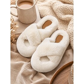 Women's Beige Cozy Platform Indoor Slippers - Cross Band Fuzzy House Shoes, Warm Comfort Bedroom Shoes for Home, Lounge, Winter and Everyday Relaxing