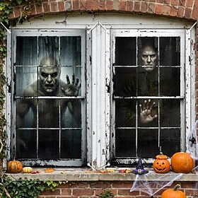 2pcs Halloween Window Cover, Witch Brewing Potion Silhouette Backdrop, Spooky Indoor Decoration Curtains, Creepy Cauldron Scene Poster for Holiday House Party