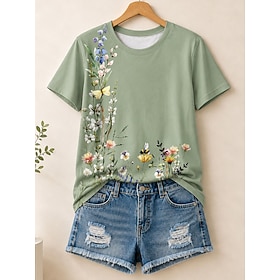 Women's 100% Cotton  Summer Tops Floral Graphic Plants Elegant Vintage Stylish Short Sleeve Crew Neck Round Neck Regular Tops Casual Blue Light Green Light Pur