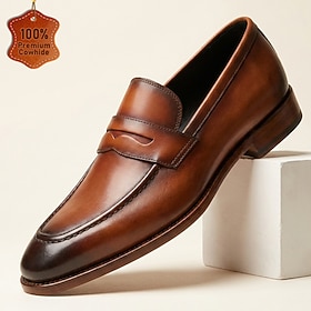 Men's Premium Genuine Leather Penny Loafers, Burnished Brown Luxury Slip-On Dress Shoes for Businessmen, Weddings, Office and Smart Casual Wear