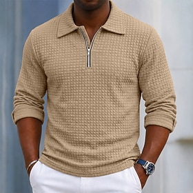 Men's Waffle Polo Shirts Textured Casual Quarter Zip Long Sleeve Fashion Comfor…