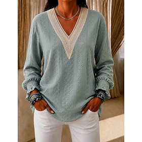 Women's Lace Splicing Top Ruched Ruffle Eyelet Vintage Long Sleeve Bishop Sleeve V Neck Regular Tops Casual Black Pink Purple Green Summer Spring Fall Winter