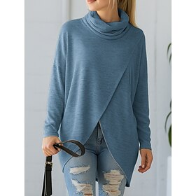 Halloween Women's Knit Shirts Knit Tiered Plain Elegant Fashion Classic Long Sleeve Turtleneck Cowl Neck Long Tops Casual Daily Going out Blue Green Apricot Gr