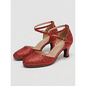 Women's Red Glitter Ballroom Dance Shoes, Sparkly Ankle Strap Latin Dance Heels with Cross Buckle Closure, Block Heel Party Shoes for Salsa, Tango, Wedding, Pe