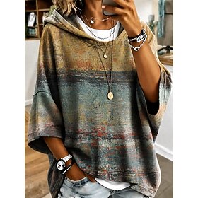 Women's Pullover Hoodie Sweatshirt Patchwork Print Graphic Geometric Striped Casual 3/4 Length Sleeve Hooded Long Tops Casual Street Dailywear Blue Yellow Red