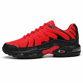 Rote und schwarze Herren-Sportschuhe aus Mesh, Schnürschuhe mit gepolsterter, dicker Sohle, atmungsaktive Laufschuhe für Fitnessstudio, Freizeit und Streetwear