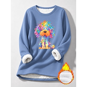 Women's Pullover Fleece Lined Sweatshirt Print Graphic Dog Warm Casual Sherpa Long Sleeve Crew Neck Regular Tops Casual Blue Light Pink Black Dark Pink Red Fa