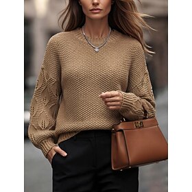 Women's Pullover Vintage Solid Color Cable Crew Neck Patchwork Textured Hole Long Sleeve Long Tops Knit Daily Maroon Light apricot Fall Winter