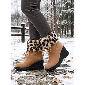 Women's Camel Platform Wedge Heel Mid-Calf Snow Boots with Leopard Faux-Fur, Convertible Fold-Over Cuff Slip On Winter Boots, Warm Casual Shoes for Walking, Tr