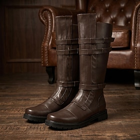 Men's Vintage Buckle Riding Boots, Square-Toe Mid-Calf Motorcycle Boots for Rugged Men, Riding, Festivals and Casual Streetwear