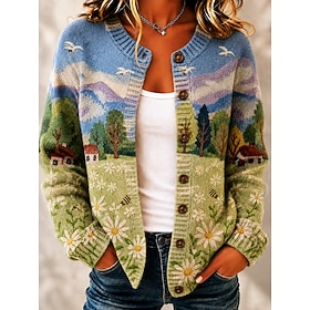 Women's Sweater Fashion Daily Casual Floral Graphic Geometric Crew Neck Buttons Print Long Sleeve Regular Tops Knit Daily Outdoor Weekend Blue Brown Summer Spr