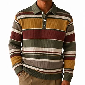 Men's Striped Waffle Polo Shirts Textured Long Sleeve Polo Shirts Lapel Sportswear Casual School Athleisure Daily Wear 3D Print Fall Winter 1# 2# 3#