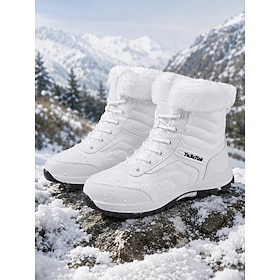 Women's White Winter Waterproof Snow Boots, Lace-Up Mid-Calf Boots with Plush Fur Cuff, Warm Lining and Rugged Lug Sole, Outdoor Boots for Snow, Hiking, Travel