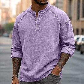 DenimTone™️Men's T Shirt Henley Shirt Tee Top Long Sleeve Plain Vintage Streetwear Casual Washed Raglan Sleeves Stand Collar Henley Casual Home Street Fall  Wi
