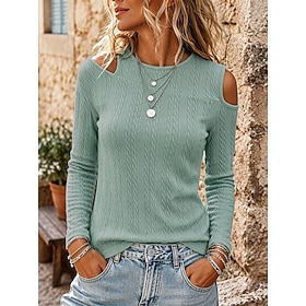 Women's Cold Shoulder Tops Texture Asymmetric Elegant Long Sleeve Crew Neck Casual claret Peacock Green Skin powder Blue-gray Black Fall Winter