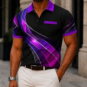 Men's Abstract Line Polo Shirts Short Sleeve Polo Shirts Collared Shirts Casual Athleisure 3D Print Buttons Spring  Summer Blue Red Purple