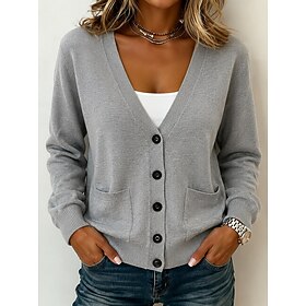 Women's Cardigan Daily Work Open Front Buttons Long Sleeve Regular Tops Knit Black Navy Blue Fall
