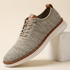 Men's Gray Business Casual Sneakers, Breathable Knit Lace-Up Walking Shoes With…