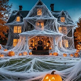 Giant Halloween Spider Web Set, 300g Extra Large Stretch Cobweb with 100 PCS Small Spiders, Spooky White Spider Cotton for Halloween Yard Porch Decorations, Co