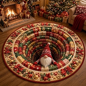 Christmas 3D Vortex Optical Illusion Round Rug, Non Slip Decorative Floor Mat, Festive Visual Trap Design, Xmas Home Decoration Gift for Family and Holiday Par