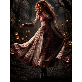 Halloween Women's Ankle length A Line Dress Elegant Vintage Designer Party Ombre Graphic Long Sleeve V Neck White Black Red Gray Fall Winter