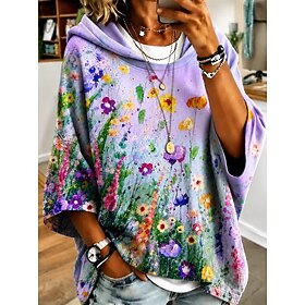 Women's Pullover Hoodie Sweatshirt Patchwork Print Floral Graphic Geometric Casual 3/4 Length Sleeve Hooded Long Tops Casual Street Dailywear Yellow Red Purple