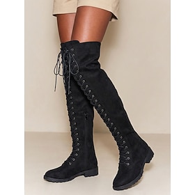 Women's Black Suede Over The Knee Boots - Lace Up Front Flat Combat Thigh High Boots for Streetwear, Costumes  Daily Wear