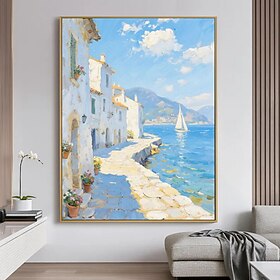 oil painting handmade Mediterranean Landscape Painting Blue and White Santorini Romantic Appointment Between Flowers and the Sea Green Handmade Wall Art