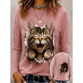 Women's T Shirt Print Animal Cat Striped Casual Long Sleeve Crew Neck Round Neck Regular Tops Casual Daily Yellow Pink Gray Summer Spring Fall Winter MAO