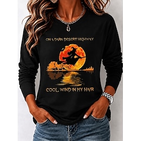 Halloween Mardi Gras Women's T Shirt Print Graphic Skull Letter Vintage Fashion Stylish Long Sleeve Crew Neck Round Neck Regular Tops Casual Daily White Black