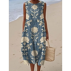 Women's Midi Dress Linen Like Sundress Shift Dress Vacation Casual Boho Party Beach Floral Graphic Sleeveless Crewneck Black Green Blue White Pink Red Summer S