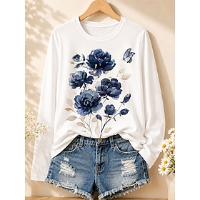 Women's 100% Cotton  Summer Tops Cotton Shirt Floral Graphic Plants Fashion Basic Classic Long Sleeve Crew Neck Round Neck Regular Tops Casual Blue White Pink