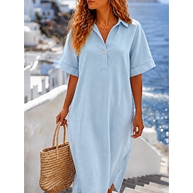 Women's Midi Dress Shift Dress Sundress Bohemia Tropical Stylish Loose Fit Plain Short Sleeve Shirt Collar Blue Black Yellow Pink Summer Spring Fall